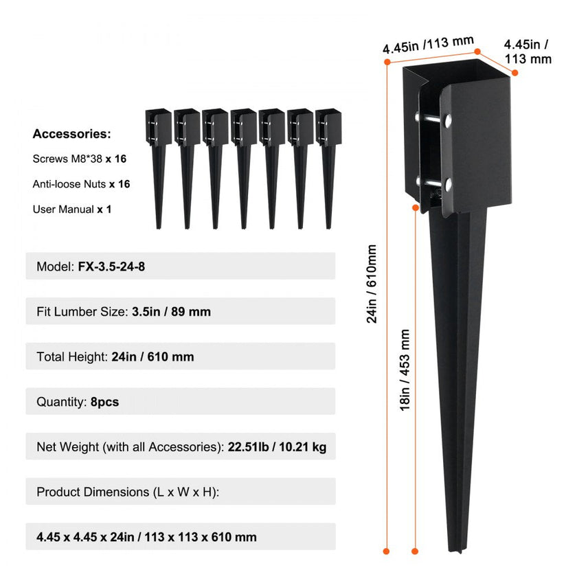 VEVOR Fence Post Anchor Ground Spike, 8 Pack 24 x 4 x 4 Inches Outer Diameter (Inner Diameter 3.5 x3.5 Inches), Metal Black Powder Coated Post Stake Ground, for Mailbox Deck Garden Railing