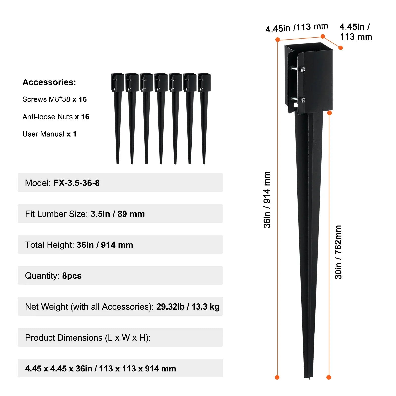 VEVOR Fence Post Anchor Ground Spike, 8 Pack 36 x 4 x 4 Inches Outer Diameter (Inner Diameter 3.5 x3.5 Inches), Metal Black Powder Coated Post Stake Ground, for Mailbox Deck Garden Railing