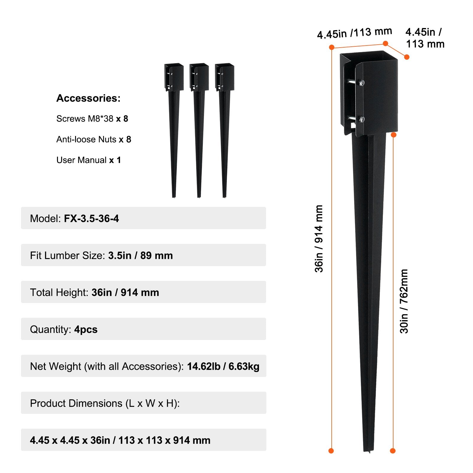 VEVOR Fence Post Anchor Ground Spike, 4 Pack 36 x 4 x 4 Inches Outer Diameter (Inner Diameter 3.5 x3.5 Inches), Metal Black Powder Coated Post Stake Ground, for Mailbox Deck Garden Railing