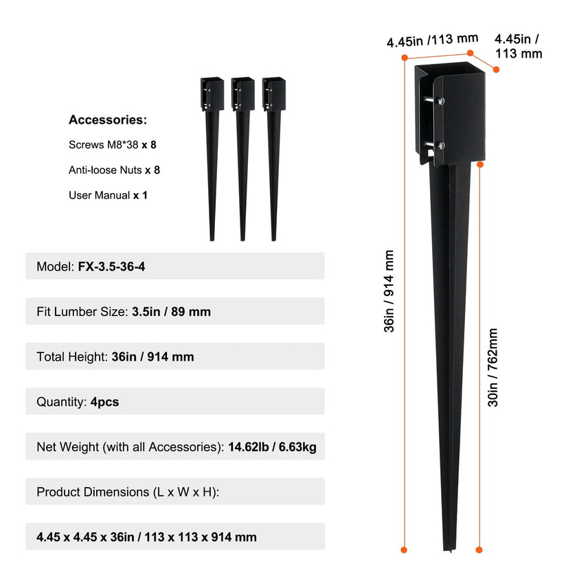 VEVOR Fence Post Anchor Ground Spike, 4 Pack 36 x 4 x 4 Inches Outer Diameter (Inner Diameter 3.5 x3.5 Inches), Metal Black Powder Coated Post Stake Ground, for Mailbox Deck Garden Railing