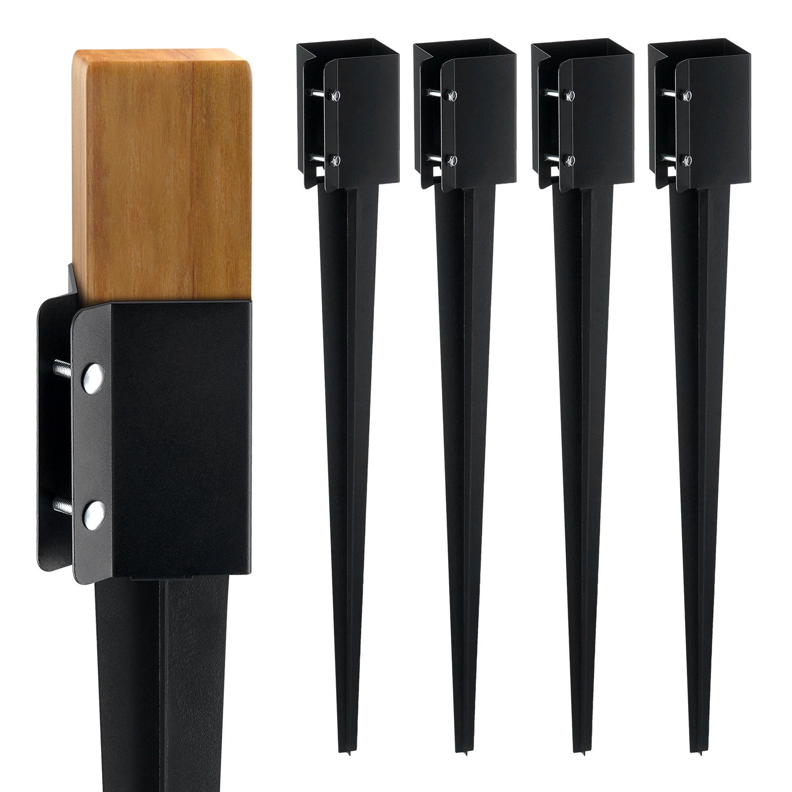 VEVOR Fence Post Anchor Ground Spike, 4 Pack 36 x 4 x 4 Inches Outer Diameter (Inner Diameter 3.5 x3.5 Inches), Metal Black Powder Coated Post Stake Ground, for Mailbox Deck Garden Railing