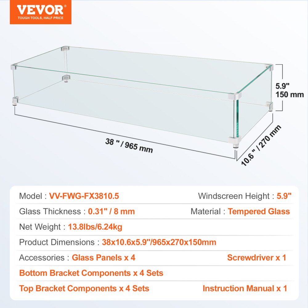 VEVOR Fire Pit Wind Guard, 38 x 10.5 x 6 inch Glass Flame Guard, Oblong Glass Shield, 0.3