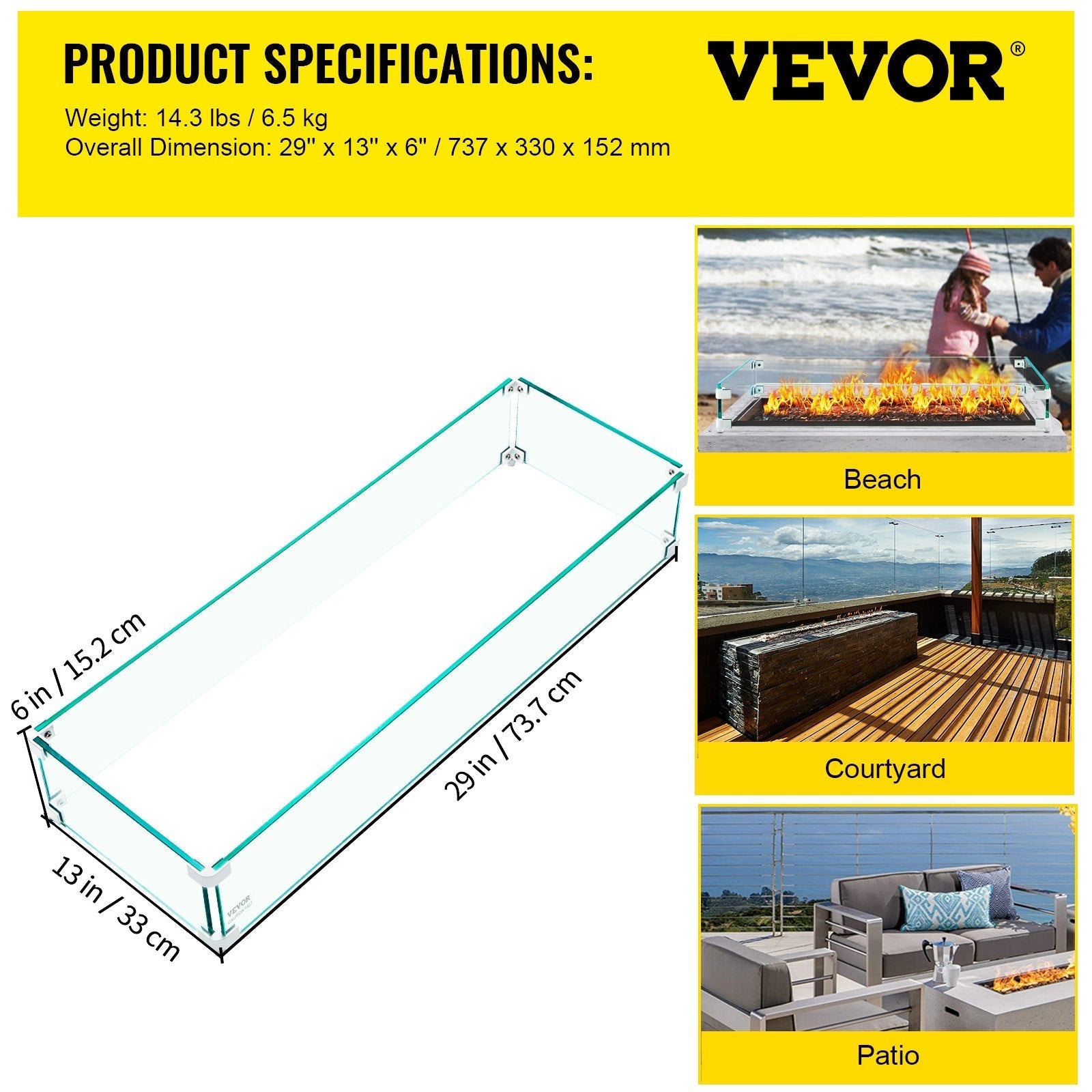 VEVOR Fire Pit Wind Guard, 29 x 13 x 6 inch Glass Flame Guard, Oblong Glass Shield, 0.3