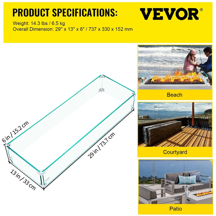VEVOR Fire Pit Wind Guard, 29 x 13 x 6 inch Glass Flame Guard, Oblong Glass Shield, 0.3