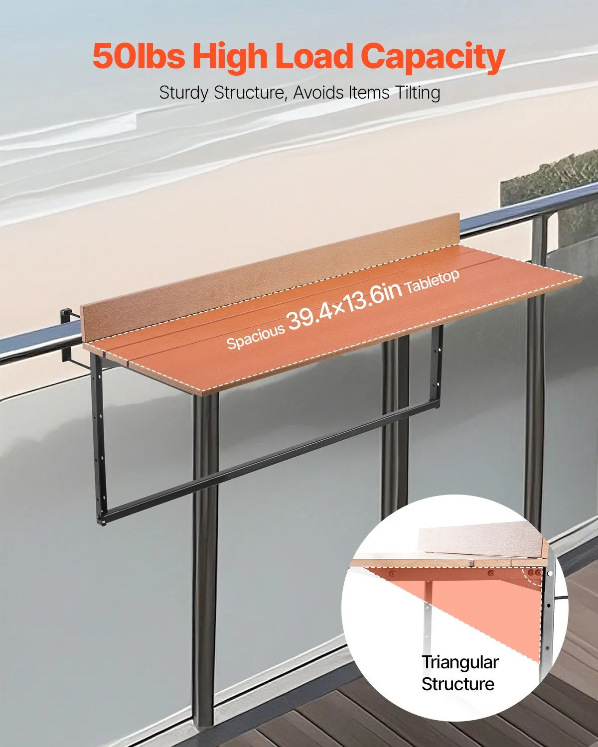 VEVOR Balcony Hanging Table 15 x 39 in Patio Railing Bar Table Adjusable