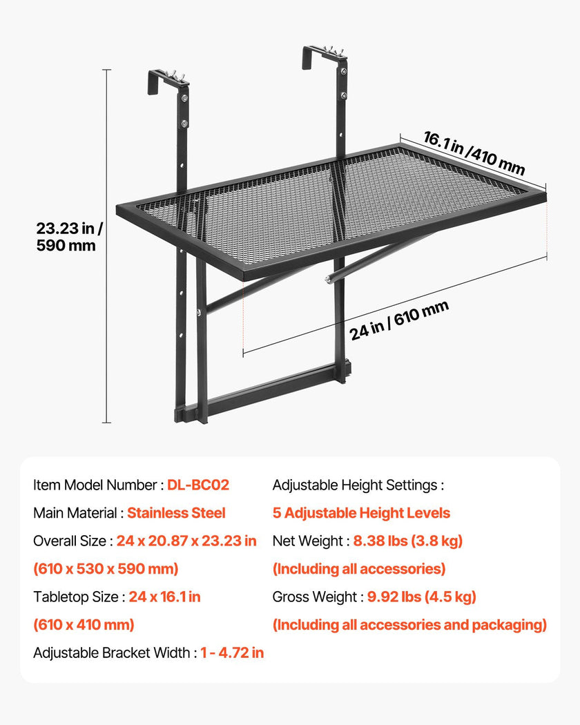 VEVOR Balcony Hanging Table 19 x 24 in Metal Patio Railing Table Adjustable