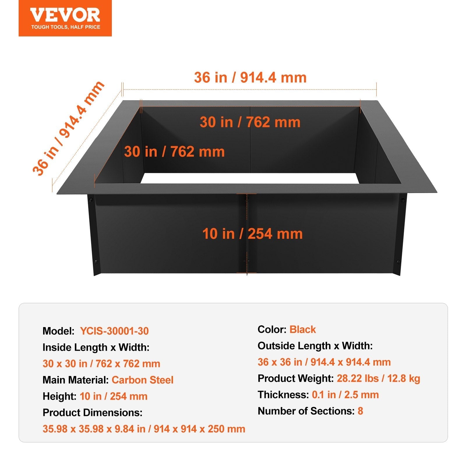 VEVOR Fire Pit Ring Square 36x36 in Outer Steel Liner DIY Campfire Ring Firepit