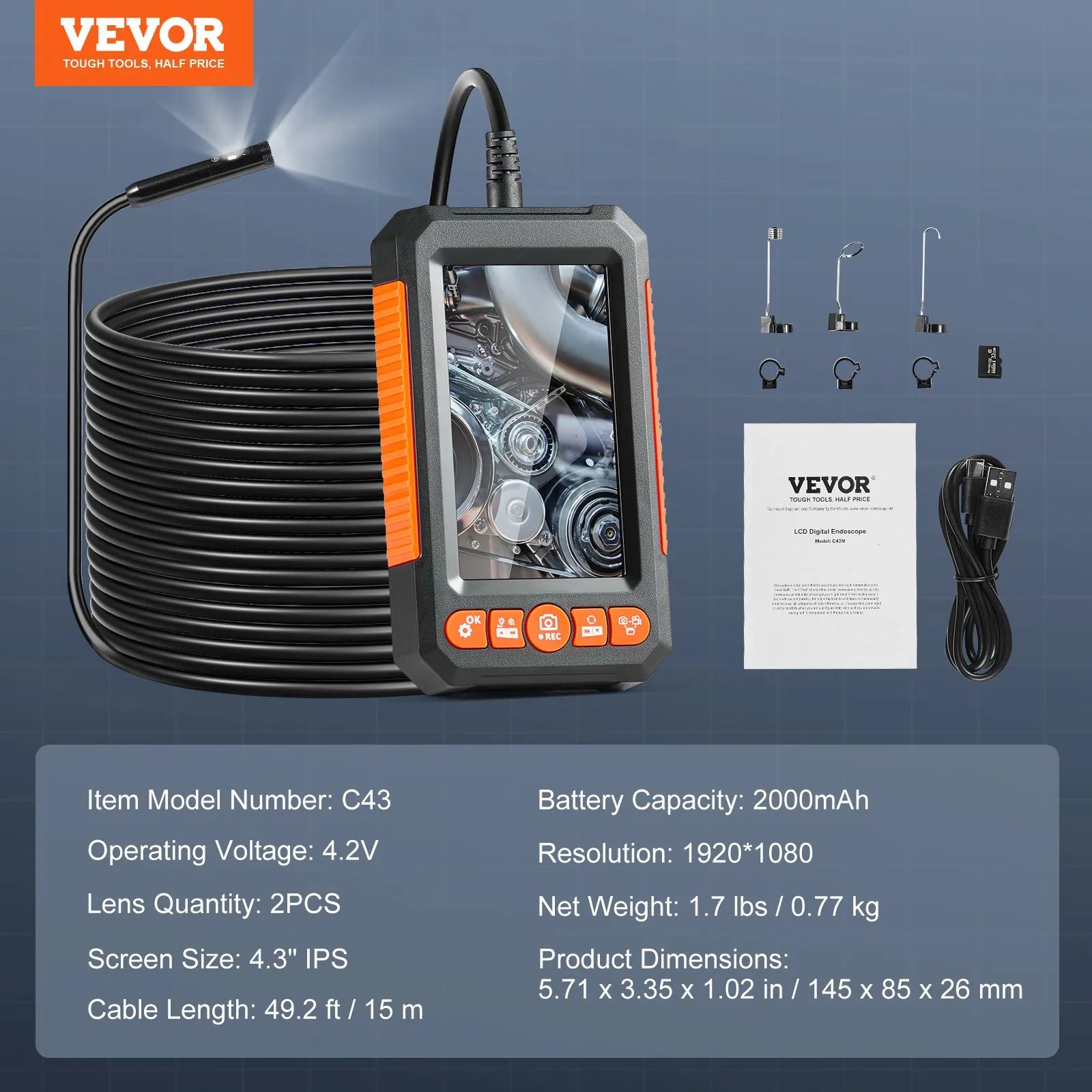 VEVOR Endoscope Camera with Lights Dual Lens Borescope 49.2FT Cable 4.3