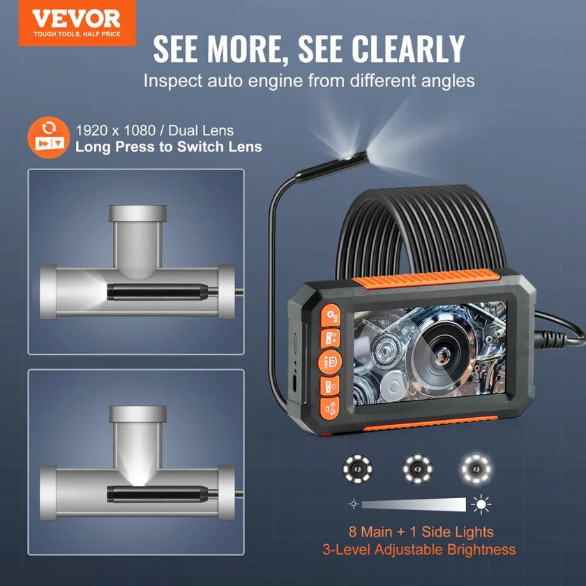 VEVOR Endoscope Camera with Lights Dual Lens Borescope 16.4FT Cable 4.3