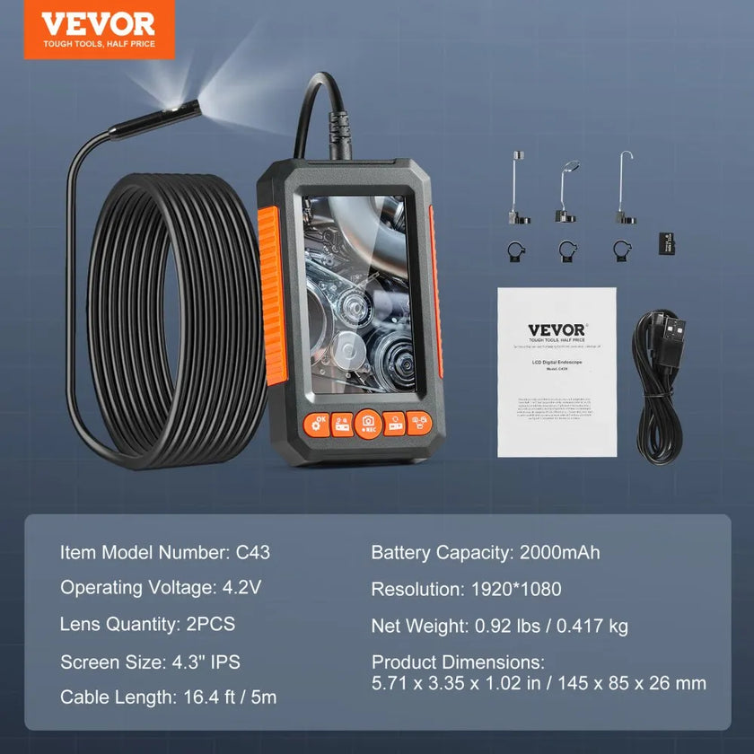 VEVOR Endoscope Camera with Lights Dual Lens Borescope 16.4FT Cable 4.3