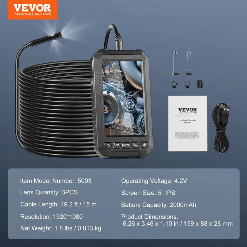VEVOR Endoscope Camera with Lights Triple Lens Borescope 49.2FT Cable 5