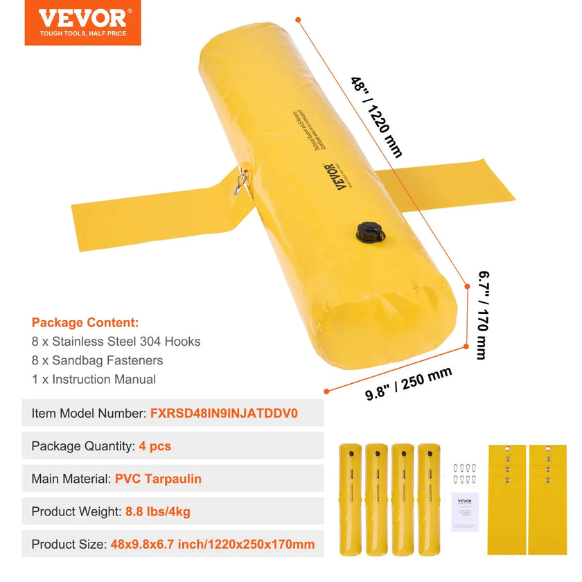 VEVOR Flood Barriers, Sandbag Alternative Flood Bags 4 Pack,  Flood Barrier for Home, Water Barriers for Flooding, Doorway, Driveway(4FTx6in)