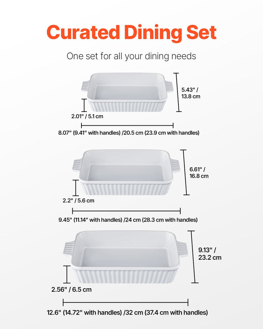VEVOR Ceramic Baking Dish 3 Pieces Rectangular Bakeware Set Deep for Baking