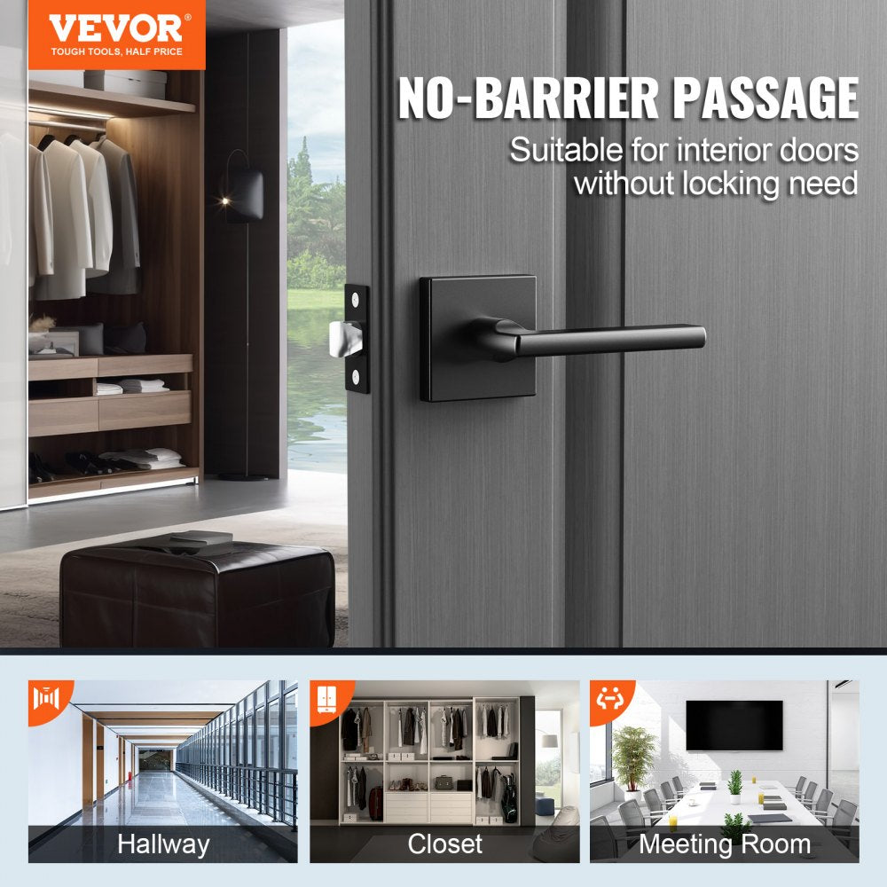 VEVOR Passage Door Handle, 1 Pack Matte Black Door Lever, Left or Right Handing Reversible Lever Non-Locking, 45° Rotation to Open, Square Interior Door Handles for Hallways, Closets, Meeting Spaces