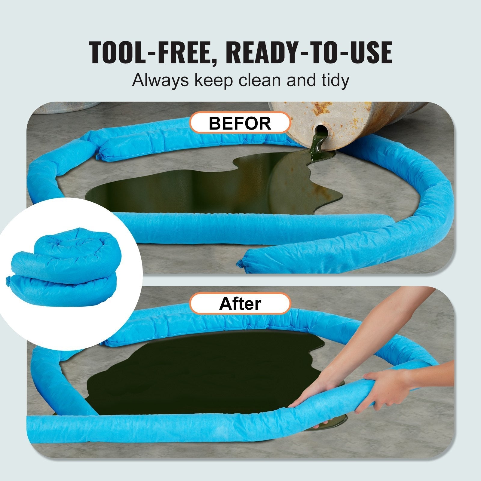 VEVOR Universal Absorbent Sock, Water Absorbing Snake 20 Gal Capacity, 3