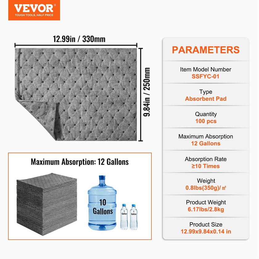 VEVOR Spill Absorbent Pads, Universal Absorbing Mat Absorbs up 12 Gal, 13