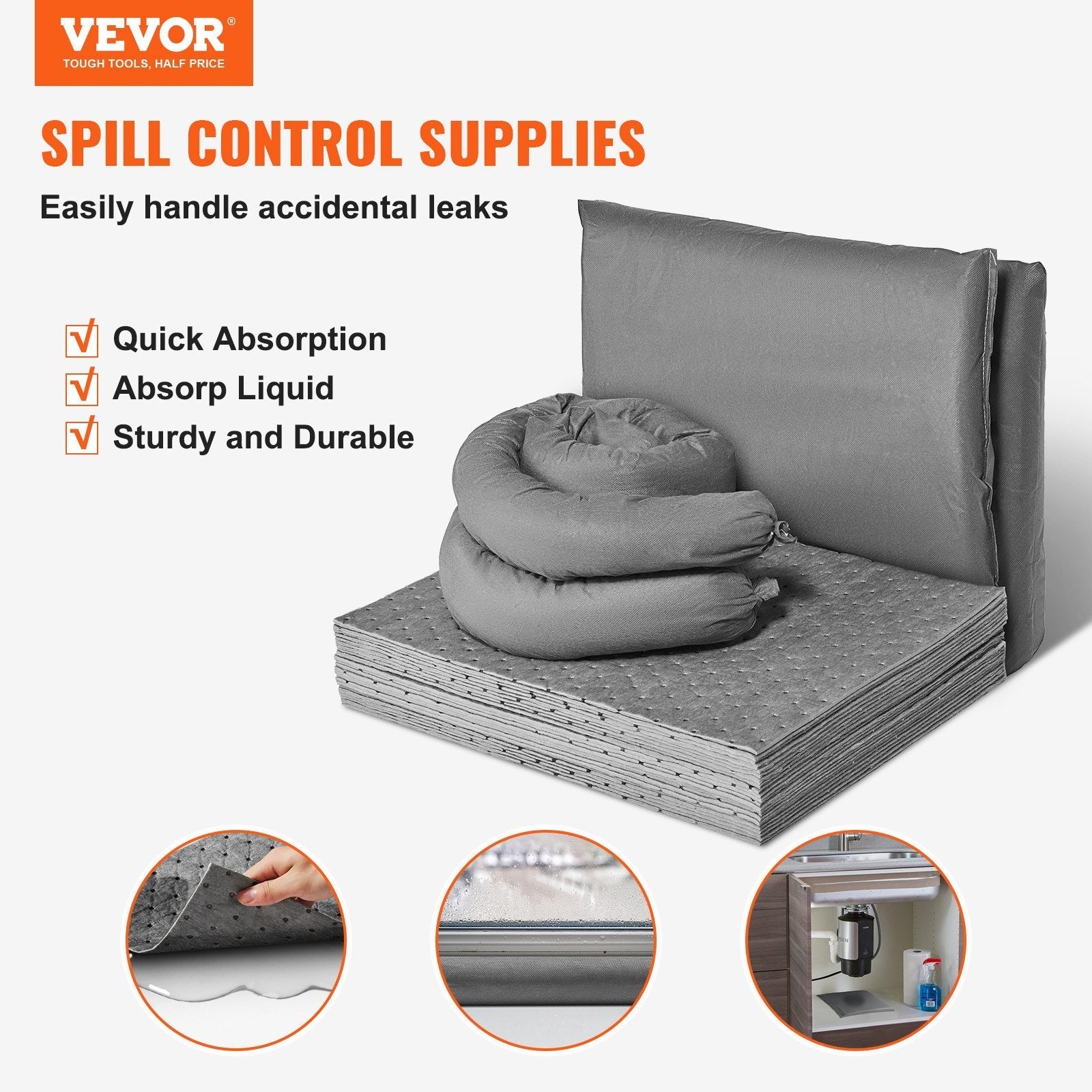 VEVOR Universal Spill Kit, Spill Control Supplies 43 pcs, Includes 30 Universal Sorbent Pads, 2 Universal Sorbent Socks 3