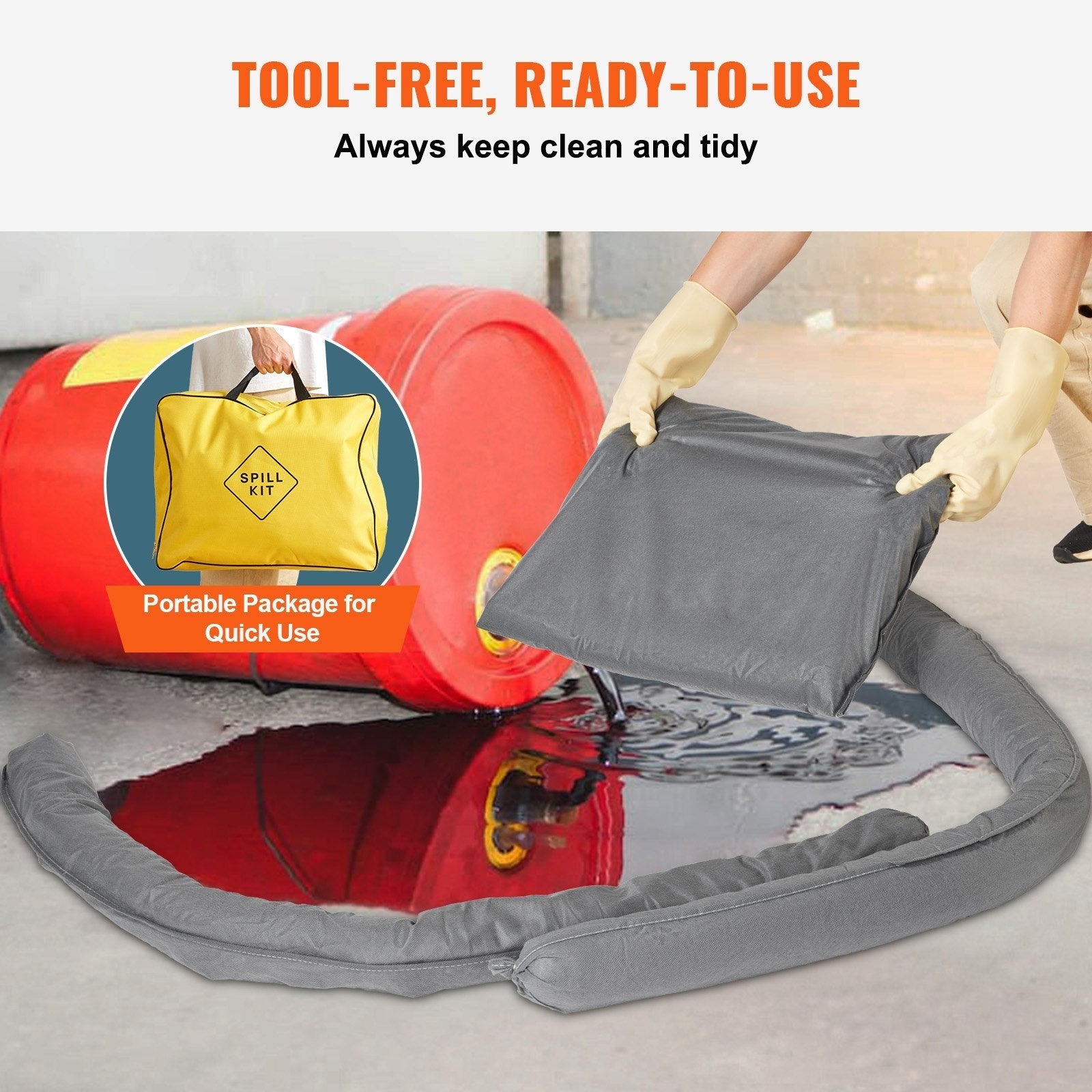 VEVOR Universal Spill Kit, Spill Control Supplies 43 pcs, Includes 30 Universal Sorbent Pads, 2 Universal Sorbent Socks 3