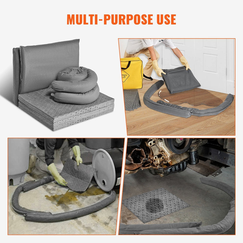 VEVOR Universal Spill Kit, Spill Control Supplies 43 pcs, Includes 30 Universal Sorbent Pads, 2 Universal Sorbent Socks 3