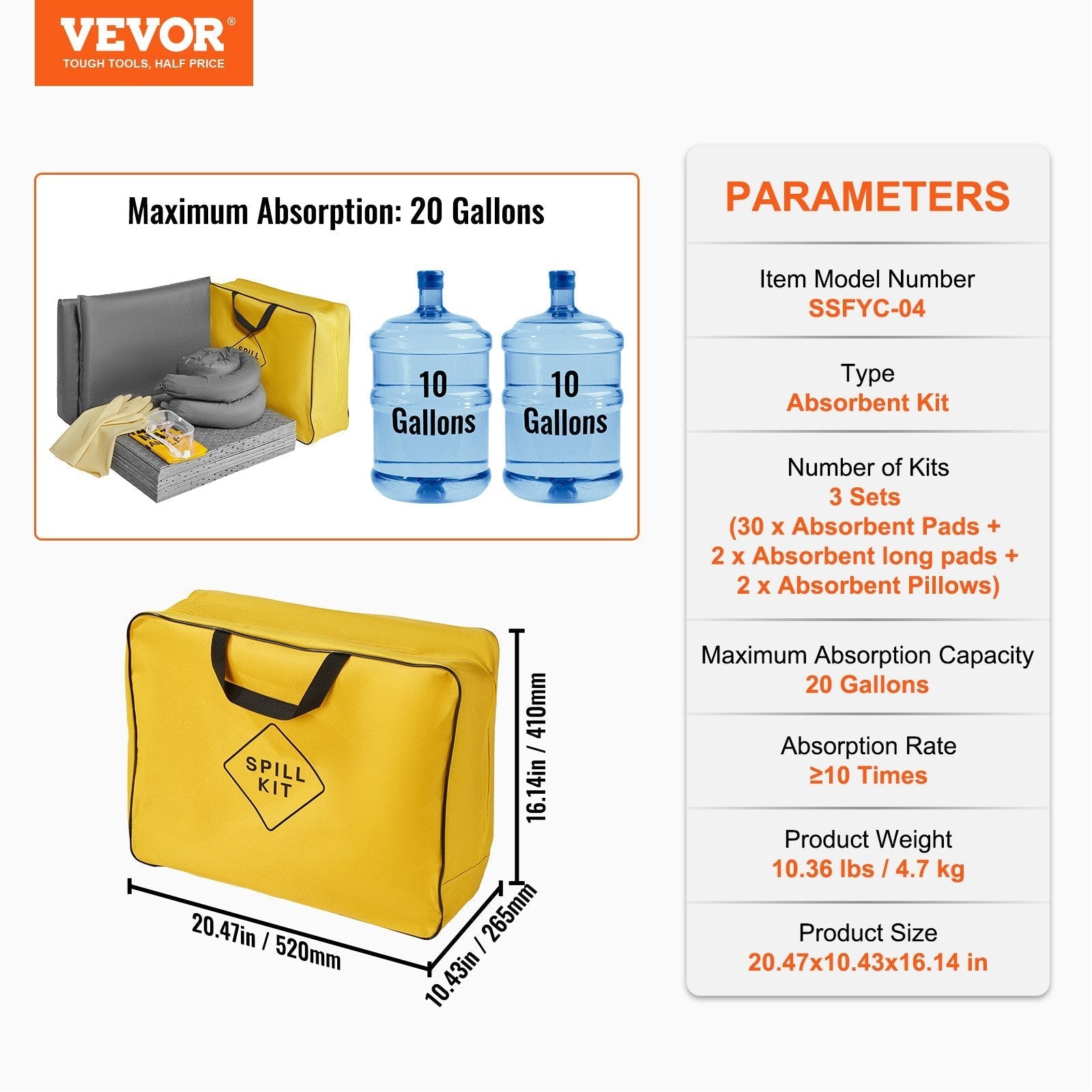VEVOR Universal Spill Kit, Spill Control Supplies 43 pcs, Includes 30 Universal Sorbent Pads, 2 Universal Sorbent Socks 3