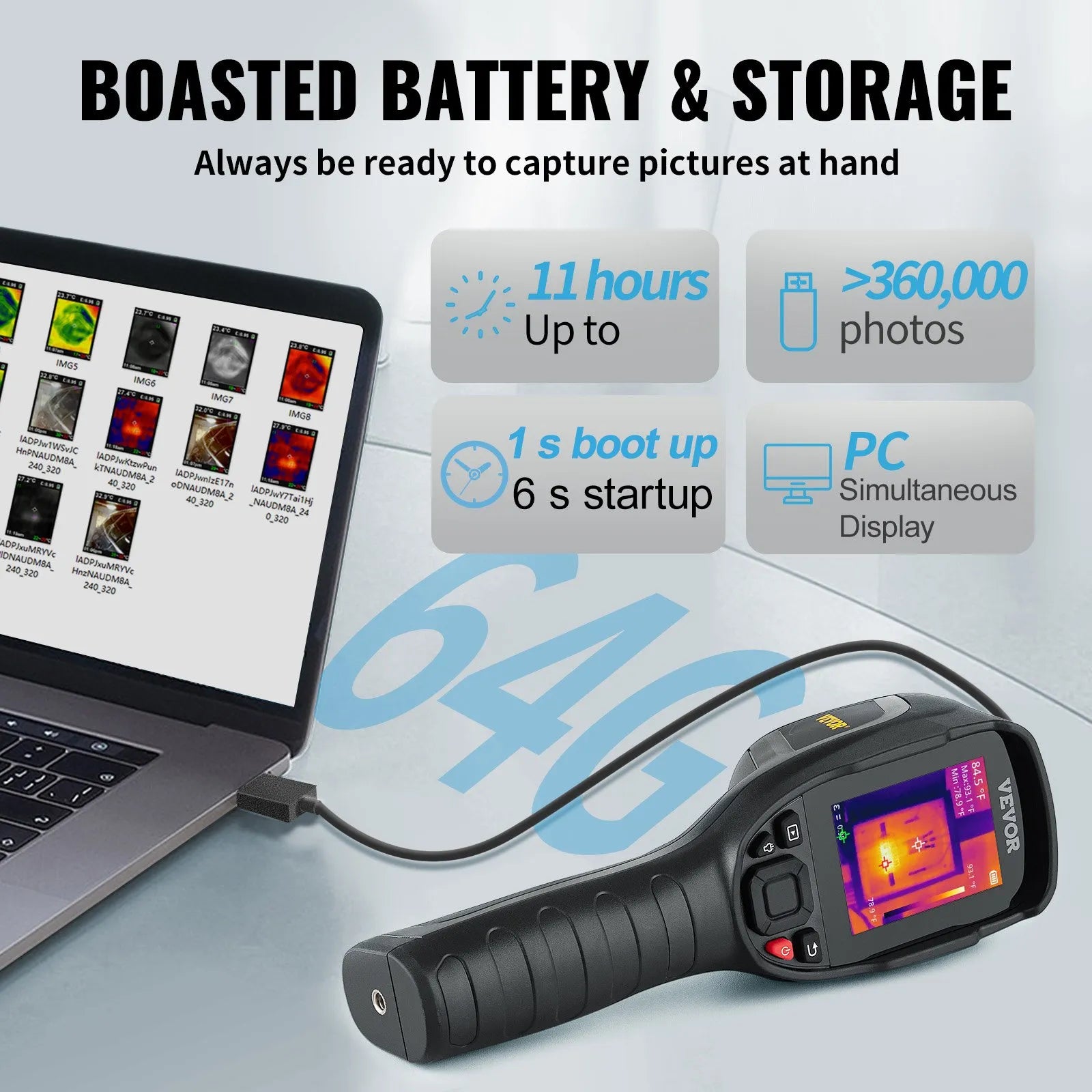 VEVOR Thermal Imaging Camera, 320 x 240 Pixels Super Resolution with 2MP Visual Camera, 25Hz Refresh Rate Infrared Camera with -4℉~1022℉ Temp, 64G SD Card and Rechargeable Li-ion Battery