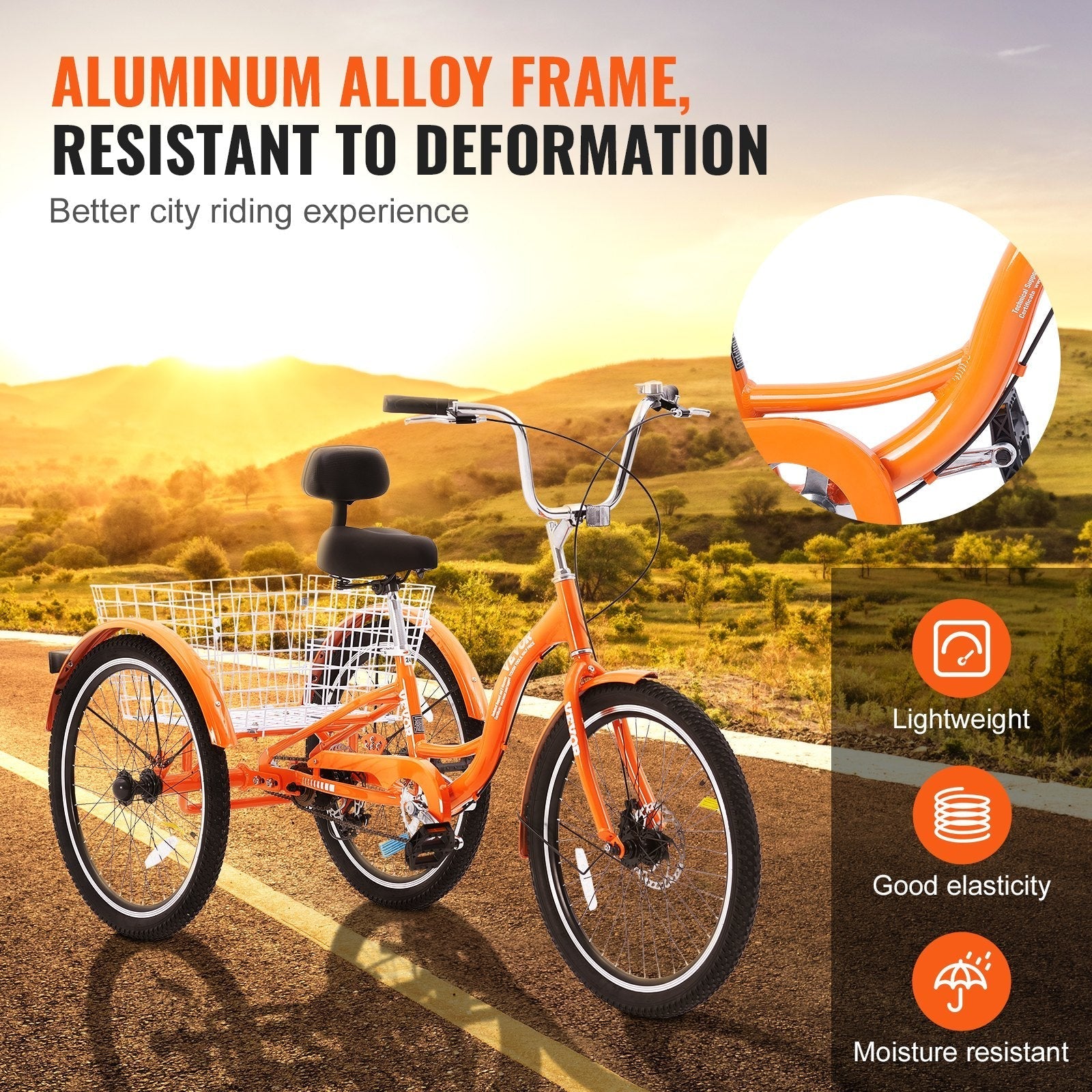 VEVOR Adult Tricycles Bike, 20 Inch Three-Wheeled Bicycles, 3 Wheel Bikes Trikes, Aluminum Alloy Cruiser Bike with Basket & Adjustable Seat, Picnic Shopping Tricycles for Seniors, Women, Men (Orange)
