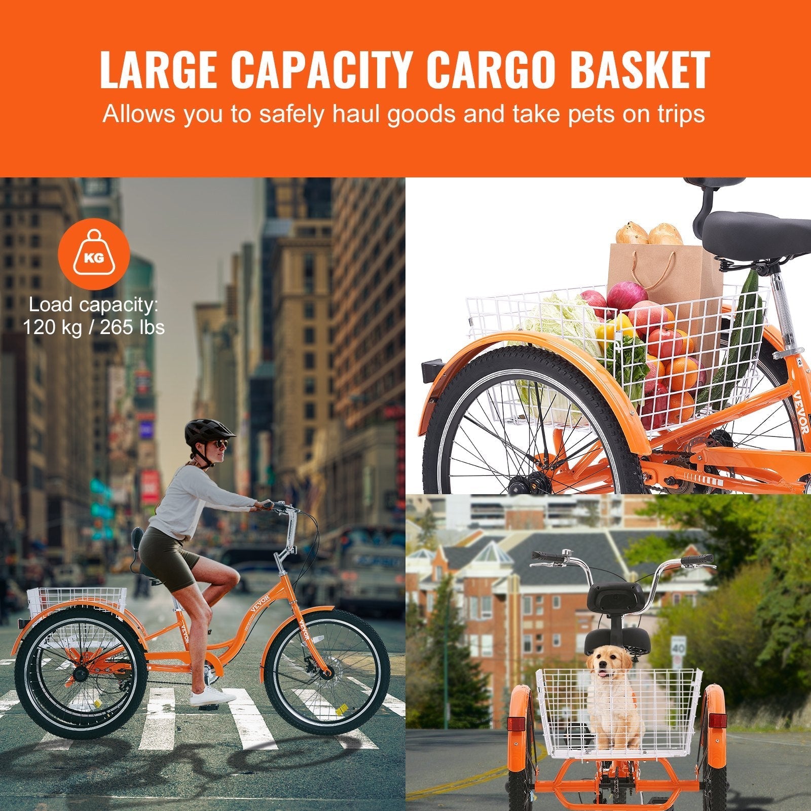 VEVOR Adult Tricycles Bike, 20 Inch Three-Wheeled Bicycles, 3 Wheel Bikes Trikes, Aluminum Alloy Cruiser Bike with Basket & Adjustable Seat, Picnic Shopping Tricycles for Seniors, Women, Men (Orange)
