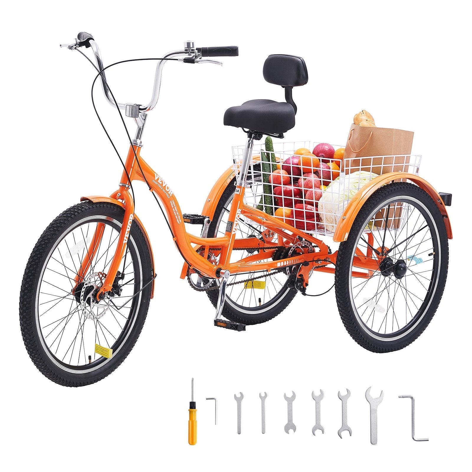 VEVOR Adult Tricycles Bike, 24 Inch Three-Wheeled Bicycles, 3 Wheel Bikes Trikes, Aluminum Alloy Cruiser Bike with Basket & Adjustable Seat, Picnic Shopping Tricycles for Seniors, Women, Men (Orange)