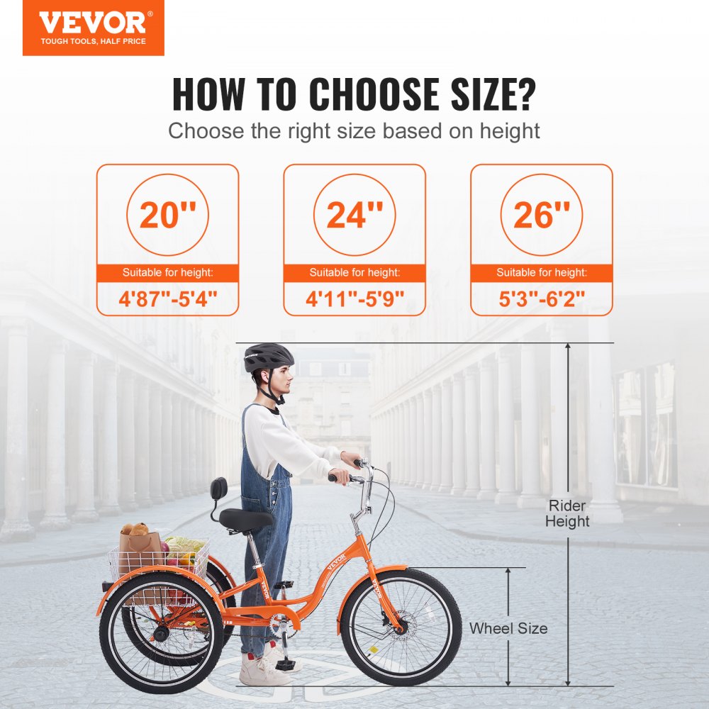 VEVOR Adult Tricycles Bike, 26 Inch Three-Wheeled Bicycles, 3 Wheel Bikes Trikes, Aluminum Alloy Cruiser Bike with Basket & Adjustable Seat, Picnic Shopping Tricycles for Seniors, Women, Men (Orange)
