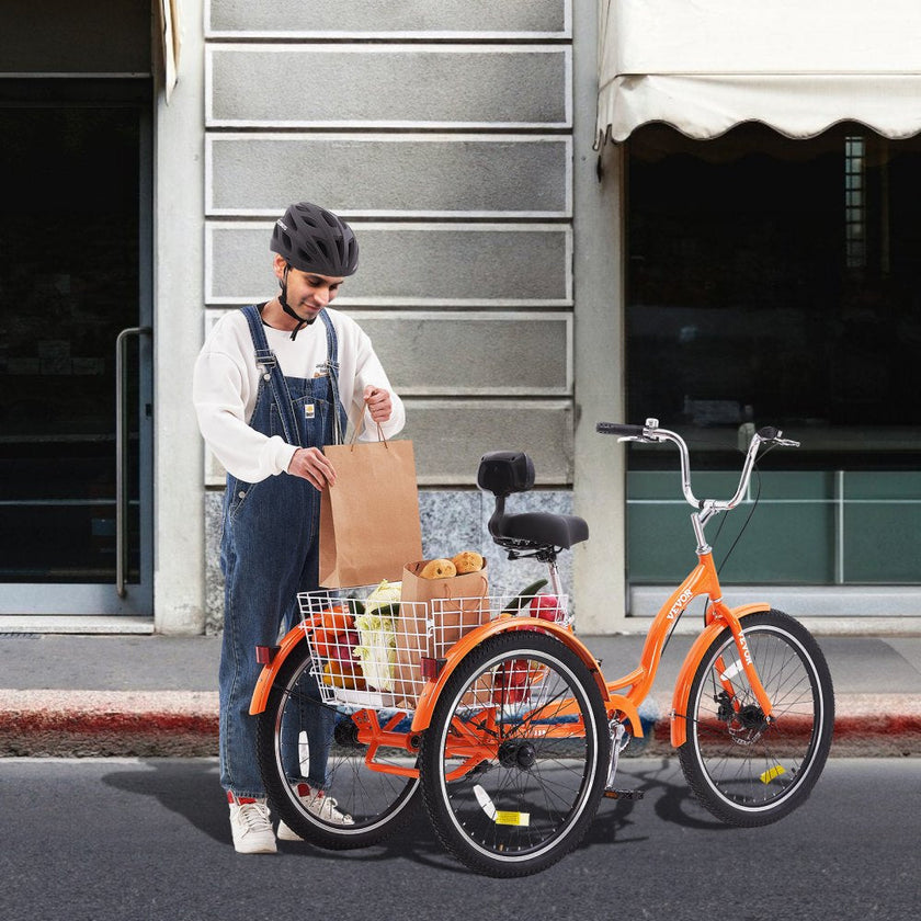 VEVOR Adult Tricycles Bike, 26 Inch Three-Wheeled Bicycles, 3 Wheel Bikes Trikes, Aluminum Alloy Cruiser Bike with Basket & Adjustable Seat, Picnic Shopping Tricycles for Seniors, Women, Men (Orange)