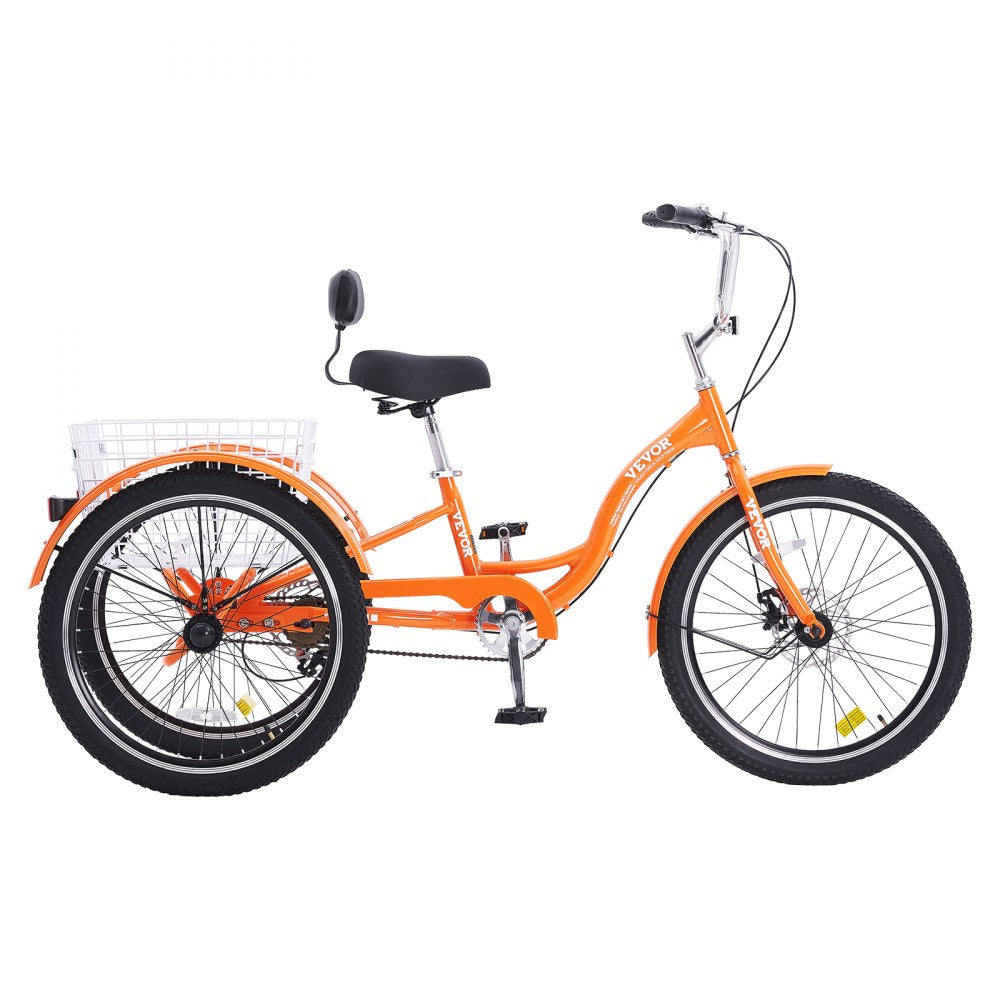 VEVOR Adult Tricycles Bike, 26 Inch Three-Wheeled Bicycles, 3 Wheel Bikes Trikes, Aluminum Alloy Cruiser Bike with Basket & Adjustable Seat, Picnic Shopping Tricycles for Seniors, Women, Men (Orange)