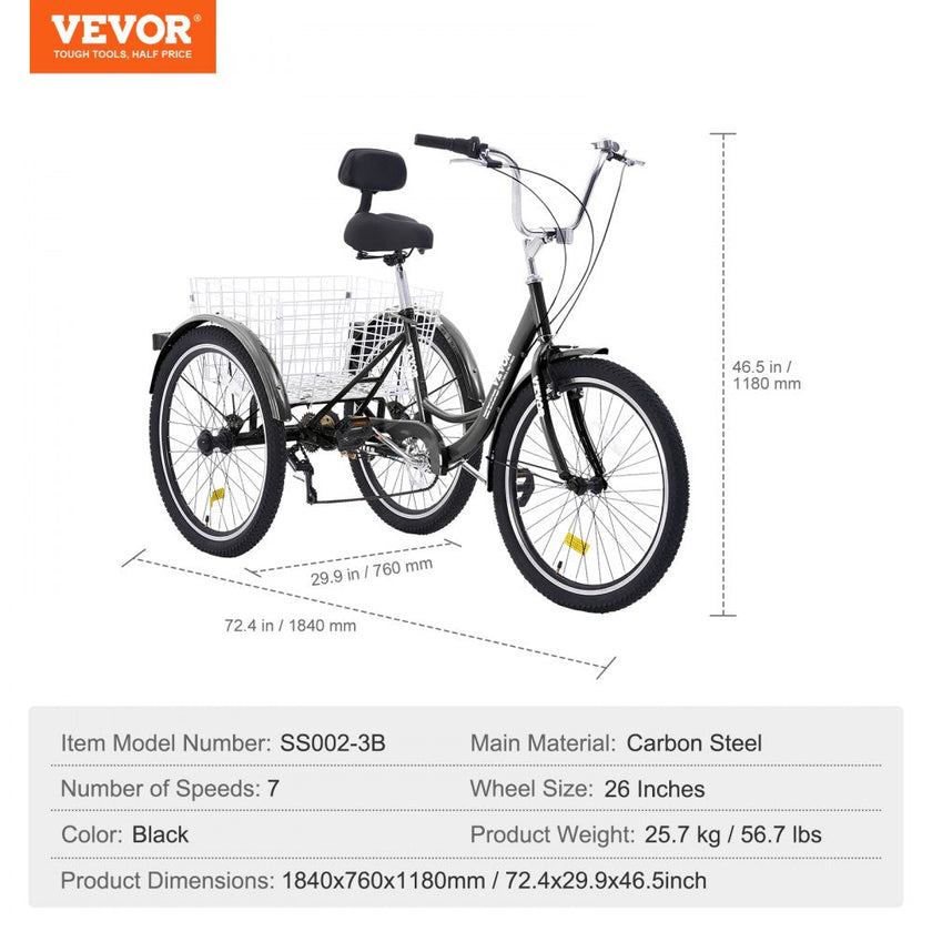 VEVOR Adult Tricycles Bike, 7 Speed Adult Trikes, 26 Inch Three-Wheeled Bicycles, Carbon Steel Cruiser Bike with Basket and Adjustable Seat, Picnic Shopping Tricycles for Seniors, Women, Men (Black)
