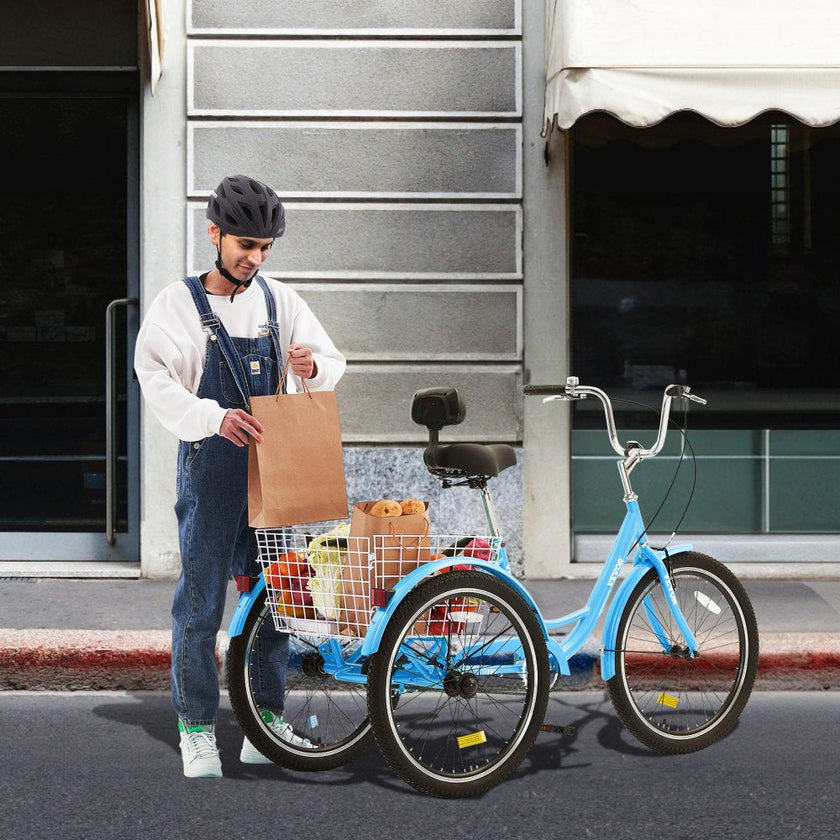 VEVOR Adult Tricycles Bike, 24 Inch Three-Wheeled Bicycles, 3 Wheel Bikes Trikes, Carbon Steel Cruiser Bike with Basket & Adjustable Seat, Picnic Shopping Tricycles for Seniors, Women, Men (Blue)