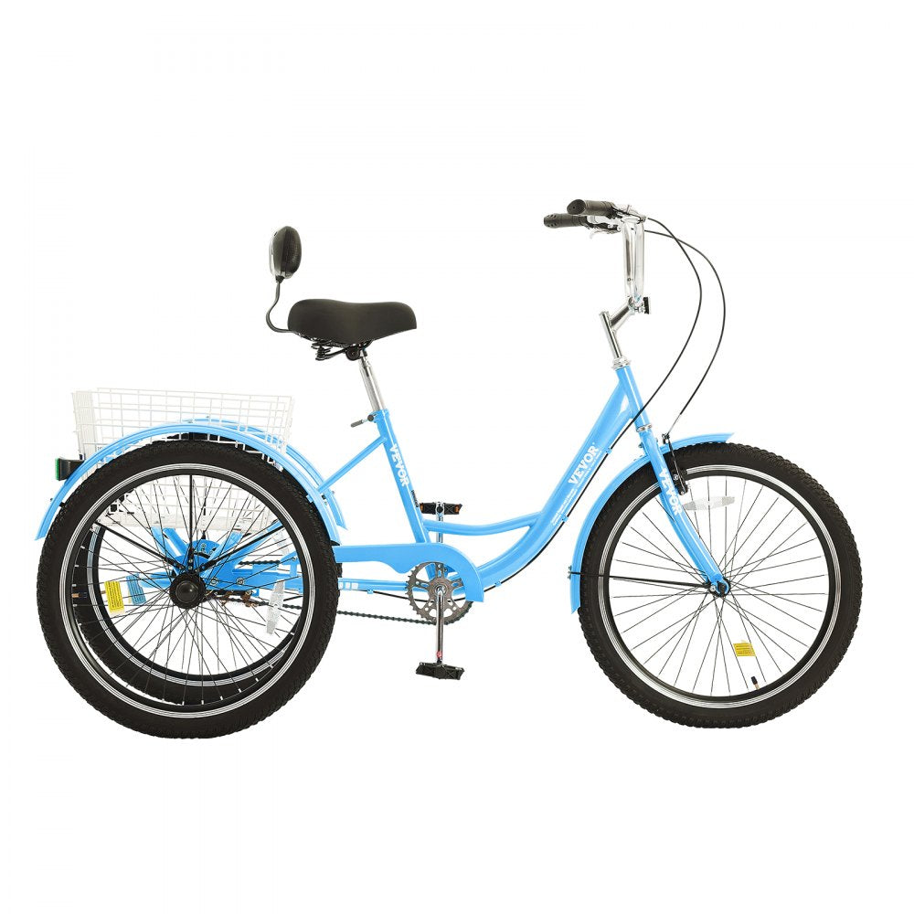 VEVOR Adult Tricycles Bike, 24 Inch Three-Wheeled Bicycles, 3 Wheel Bikes Trikes, Carbon Steel Cruiser Bike with Basket & Adjustable Seat, Picnic Shopping Tricycles for Seniors, Women, Men (Blue)