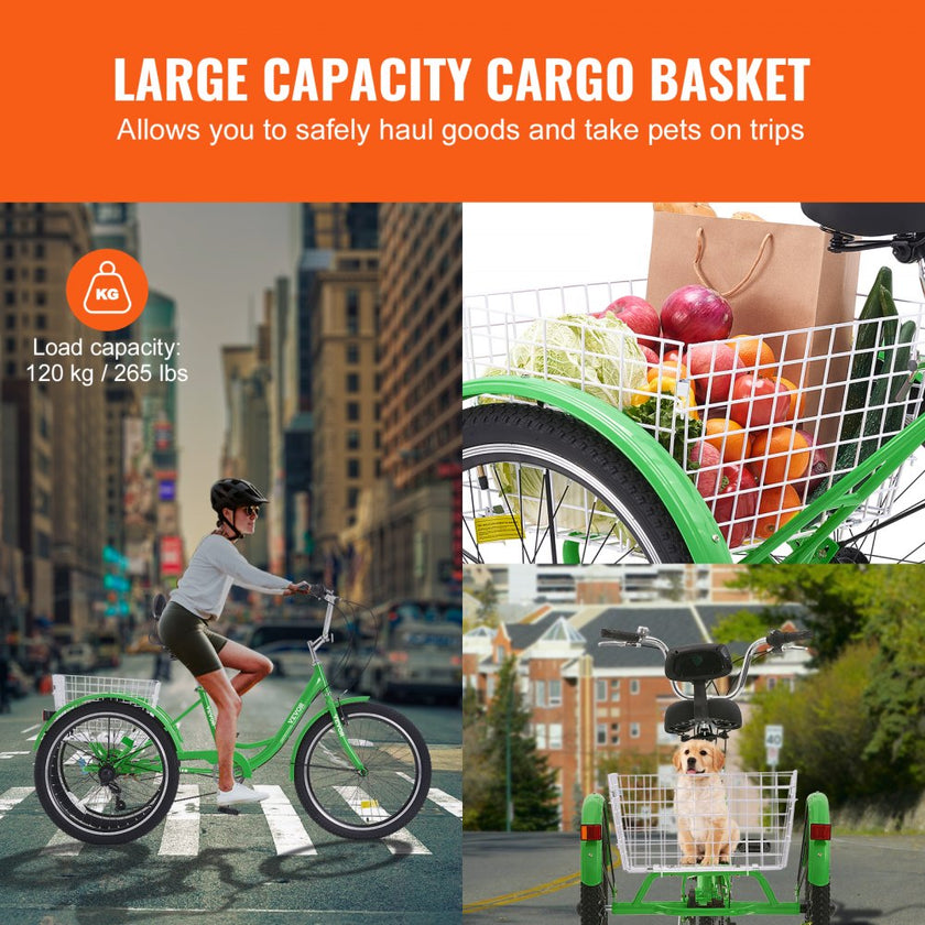VEVOR Adult Tricycles Bike, 7 Speed Adult Trikes, 26 Inch Three-Wheeled Bicycles, Carbon Steel Cruiser Bike with Basket and Adjustable Seat, Picnic Shopping Tricycles for Seniors, Women, Men (Green)