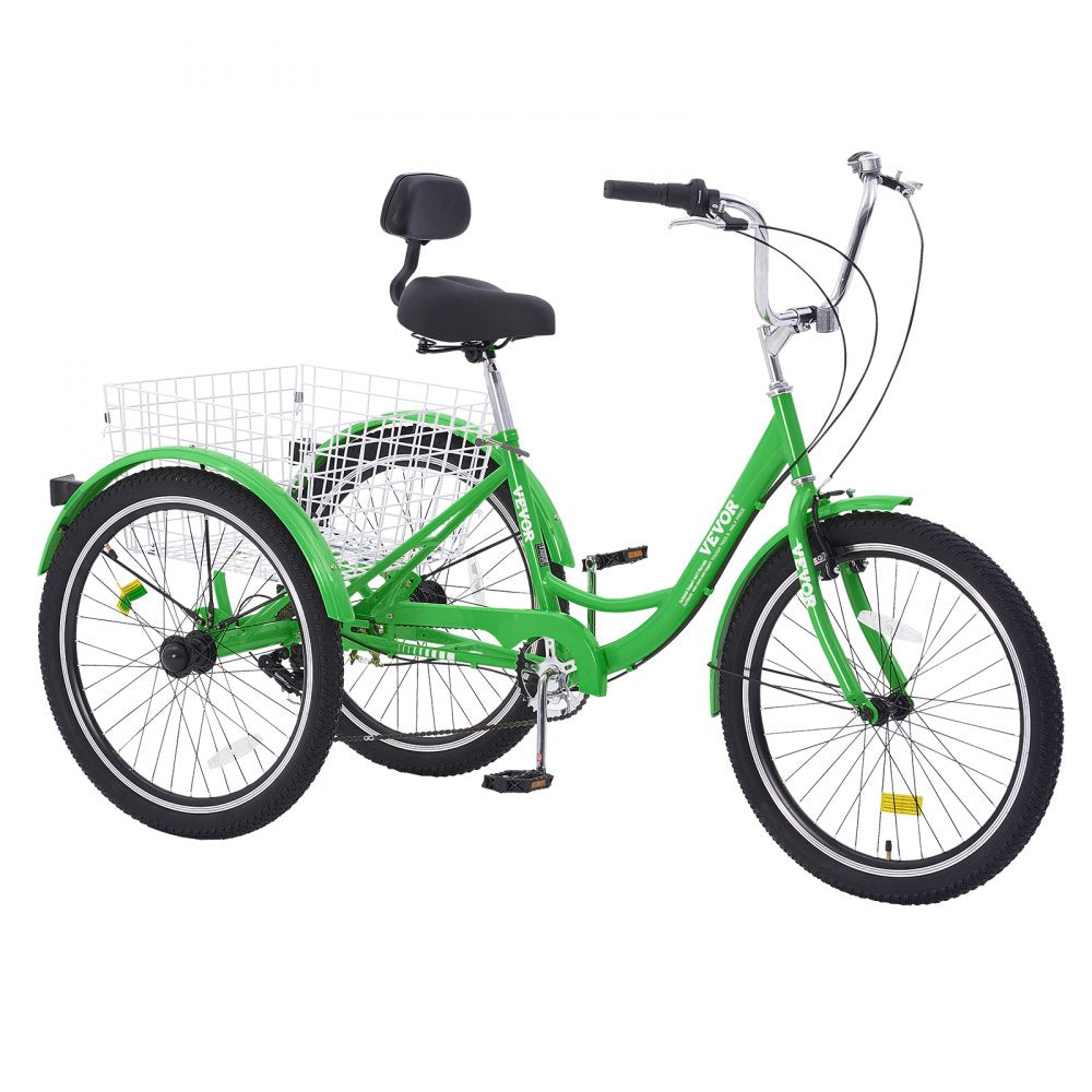 VEVOR Adult Tricycles Bike, 7 Speed Adult Trikes, 26 Inch Three-Wheeled Bicycles, Carbon Steel Cruiser Bike with Basket and Adjustable Seat, Picnic Shopping Tricycles for Seniors, Women, Men (Green)
