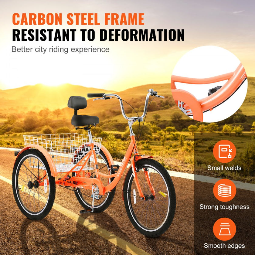 VEVOR Adult Tricycles Bike, 26 Inch Three-Wheeled Bicycles, 3 Wheel Bikes Trikes, Carbon Steel Cruiser Bike with Basket & Adjustable Seat, Picnic Shopping Tricycles for Seniors, Women, Men (Orange)