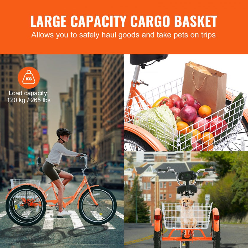 VEVOR Adult Tricycles Bike, 26 Inch Three-Wheeled Bicycles, 3 Wheel Bikes Trikes, Carbon Steel Cruiser Bike with Basket & Adjustable Seat, Picnic Shopping Tricycles for Seniors, Women, Men (Orange)