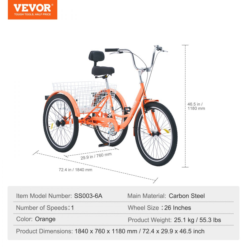 VEVOR Adult Tricycles Bike, 26 Inch Three-Wheeled Bicycles, 3 Wheel Bikes Trikes, Carbon Steel Cruiser Bike with Basket & Adjustable Seat, Picnic Shopping Tricycles for Seniors, Women, Men (Orange)