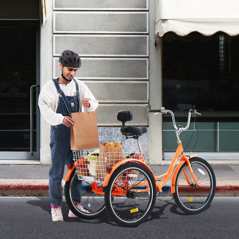 VEVOR Adult Tricycles Bike, 26 Inch Three-Wheeled Bicycles, 3 Wheel Bikes Trikes, Carbon Steel Cruiser Bike with Basket & Adjustable Seat, Picnic Shopping Tricycles for Seniors, Women, Men (Orange)