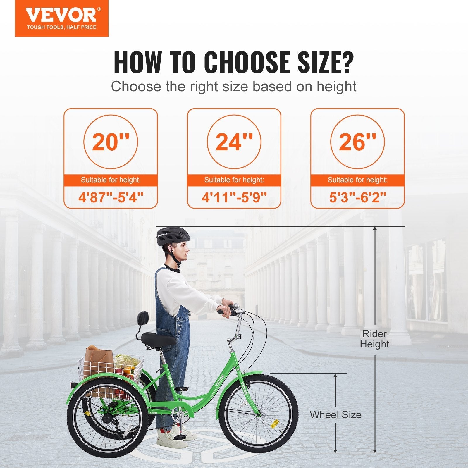 VEVOR Adult Tricycles Bike, 7 Speed Adult Trikes, 20 Inch Three-Wheeled Bicycles, Carbon Steel Cruiser Bike with Basket and Adjustable Seat, Picnic Shopping Tricycles for Seniors, Women, Men (Green)