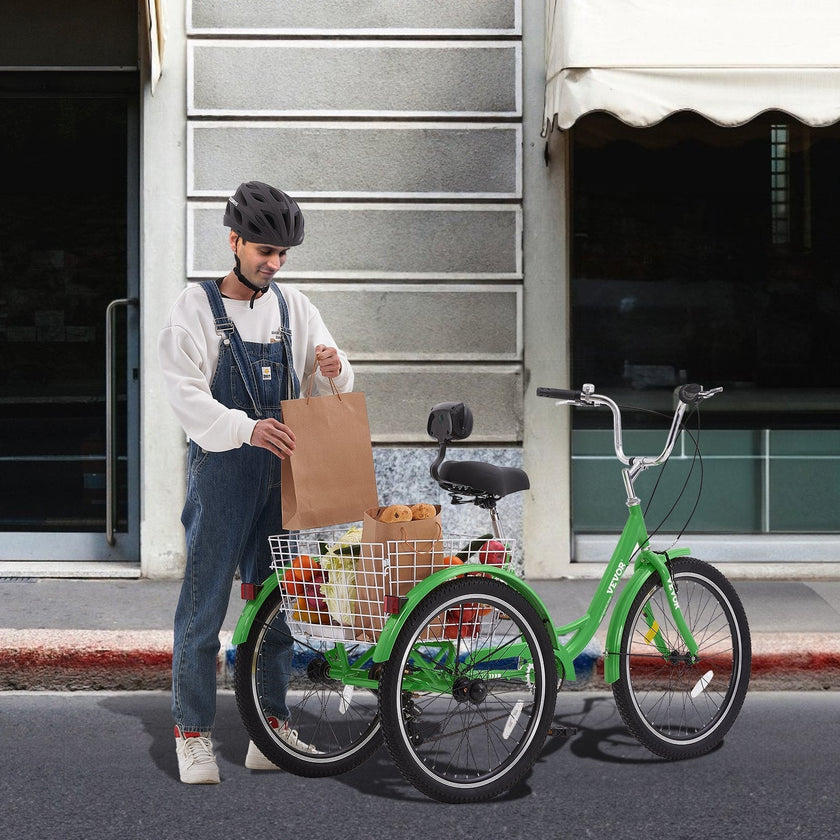 VEVOR Adult Tricycles Bike, 7 Speed Adult Trikes, 20 Inch Three-Wheeled Bicycles, Carbon Steel Cruiser Bike with Basket and Adjustable Seat, Picnic Shopping Tricycles for Seniors, Women, Men (Green)