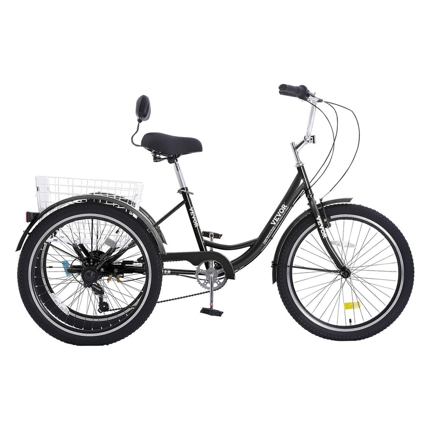 VEVOR Adult Tricycles Bike, 7 Speed Adult Trikes, 20 Inch Three-Wheeled Bicycles, Carbon Steel Cruiser Bike with Basket and Adjustable Seat, Picnic Shopping Tricycles for Seniors, Women, Men (Black)