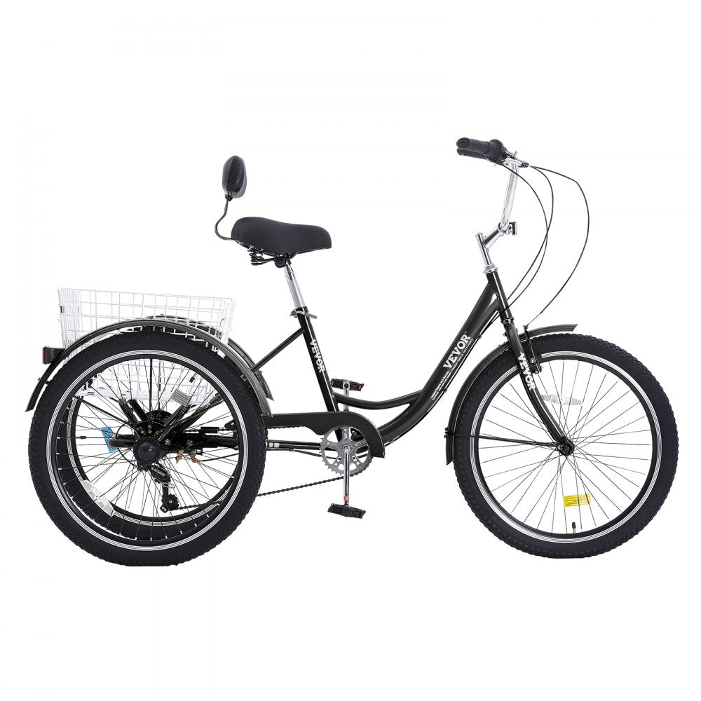 VEVOR Adult Tricycles Bike, 7 Speed Adult Trikes, 24 Inch Three-Wheeled Bicycles, Carbon Steel Cruiser Bike with Basket and Adjustable Seat, Picnic Shopping Tricycles for Seniors, Women, Men  (Black)