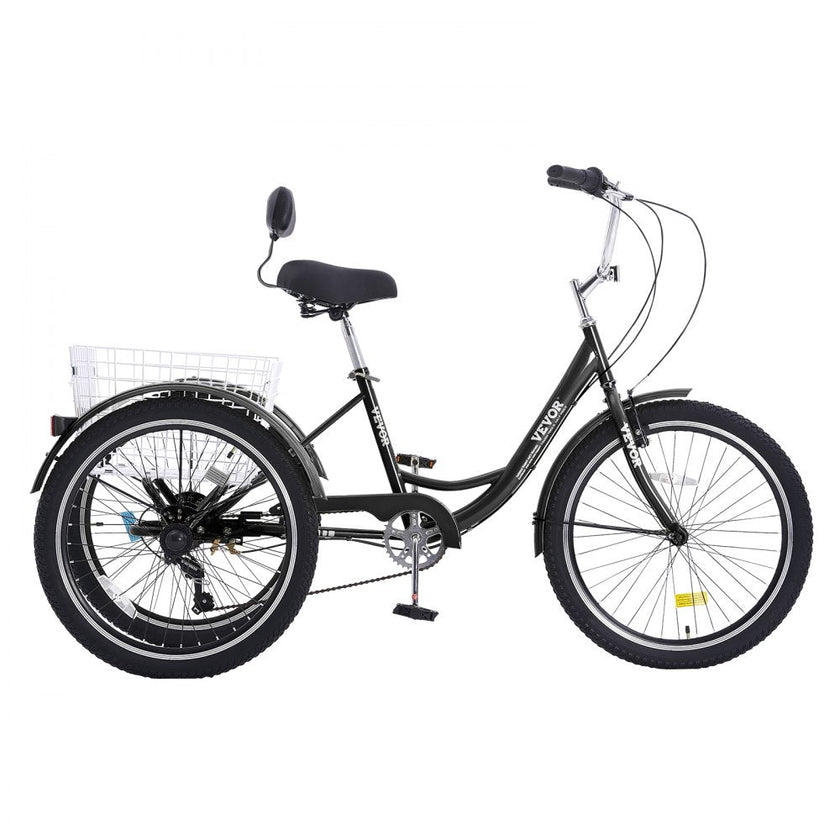 VEVOR Adult Tricycles Bike, 7 Speed Adult Trikes, 24 Inch Three-Wheeled Bicycles, Carbon Steel Cruiser Bike with Basket and Adjustable Seat, Picnic Shopping Tricycles for Seniors, Women, Men  (Black)