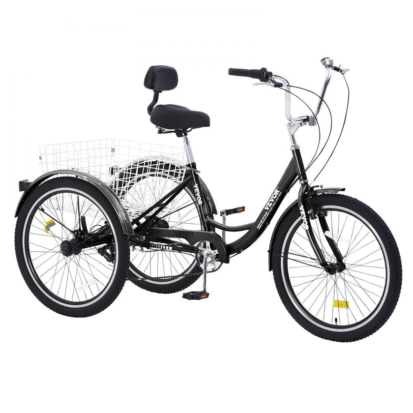 VEVOR Adult Tricycles Bike, 7 Speed Adult Trikes, 24 Inch Three-Wheeled Bicycles, Carbon Steel Cruiser Bike with Basket and Adjustable Seat, Picnic Shopping Tricycles for Seniors, Women, Men  (Black)