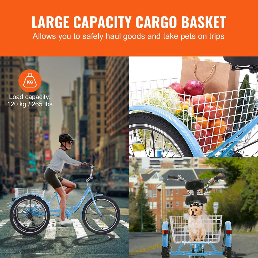 VEVOR Adult Tricycles Bike, 7 Speed Adult Trikes, 26 Inch Three-Wheeled Bicycles, Carbon Steel Cruiser Bike with Basket and Adjustable Seat, Picnic Shopping Tricycles for Seniors, Women, Men (Blue)