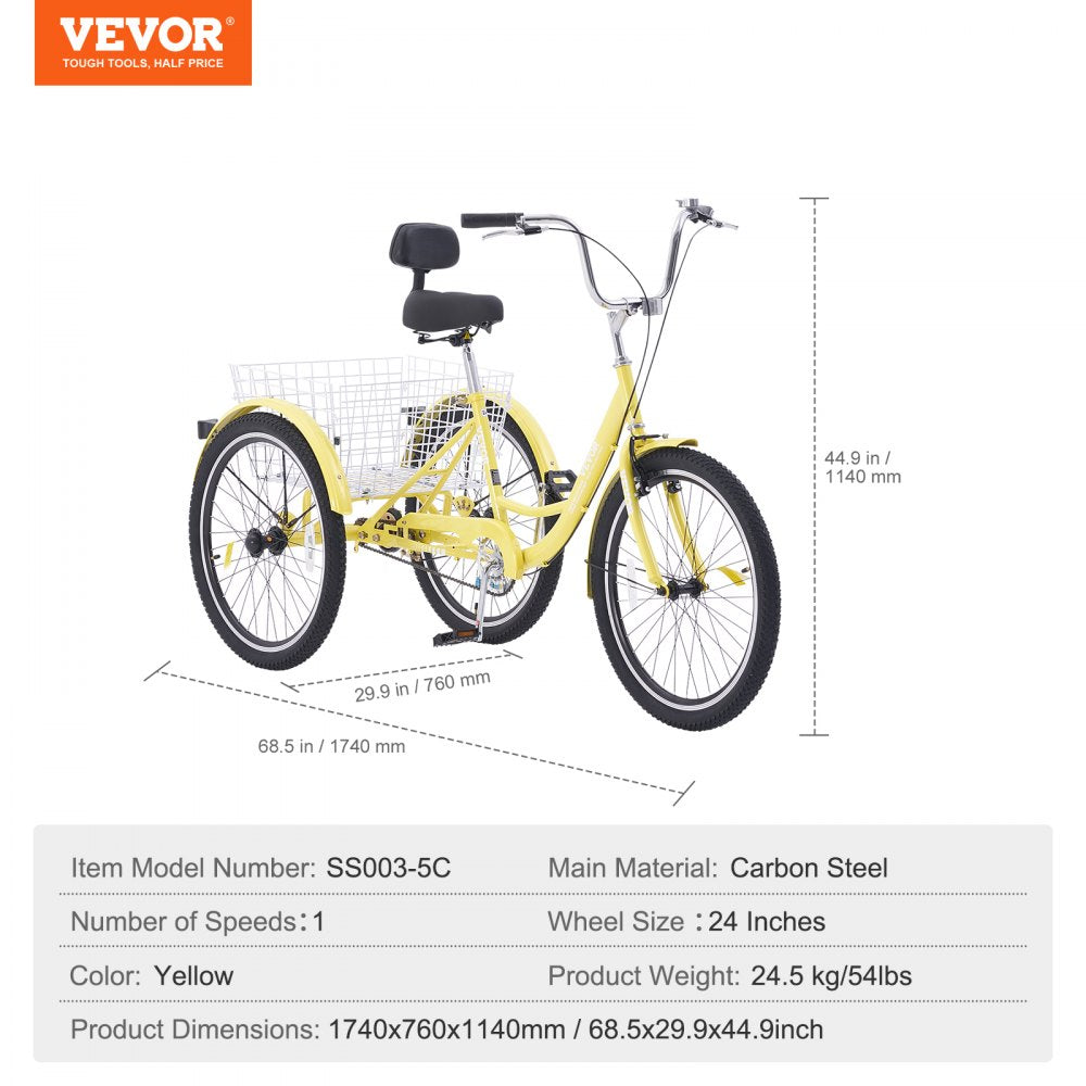 VEVOR Adult Tricycles Bike, 24 Inch Three-Wheeled Bicycles, 3 Wheel Bikes Trikes, Carbon Steel Cruiser Bike with Basket & Adjustable Seat, Picnic Shopping Tricycles for Seniors, Women, Men (Yellow)