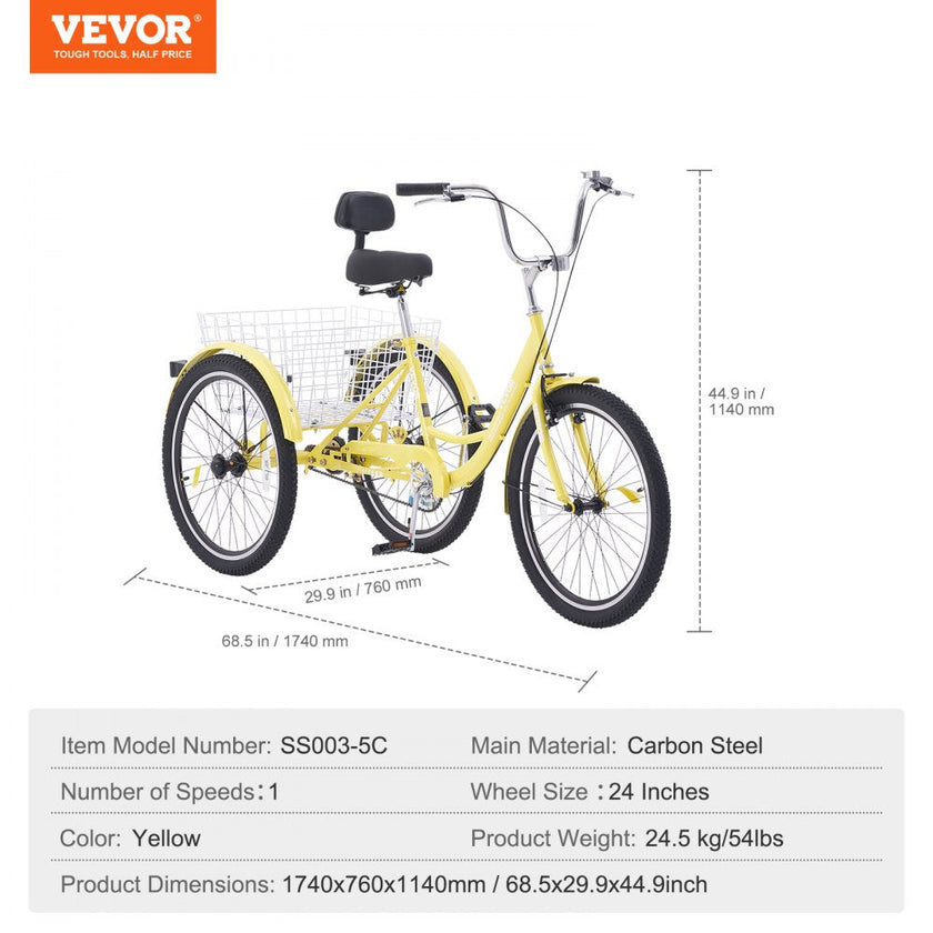 VEVOR Adult Tricycles Bike, 24 Inch Three-Wheeled Bicycles, 3 Wheel Bikes Trikes, Carbon Steel Cruiser Bike with Basket & Adjustable Seat, Picnic Shopping Tricycles for Seniors, Women, Men (Yellow)