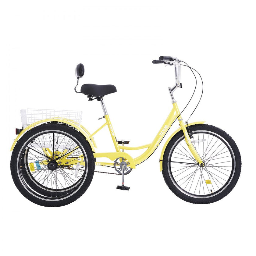 VEVOR Adult Tricycles Bike, 24 Inch Three-Wheeled Bicycles, 3 Wheel Bikes Trikes, Carbon Steel Cruiser Bike with Basket & Adjustable Seat, Picnic Shopping Tricycles for Seniors, Women, Men (Yellow)